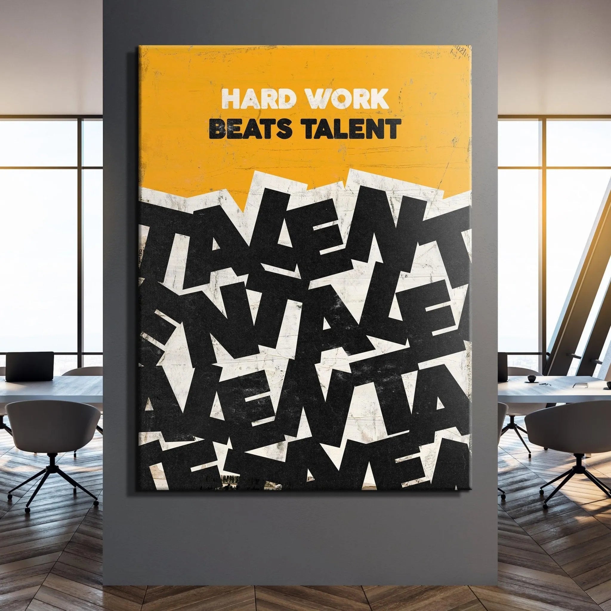 Framed poster featuring the quote Hard Work Beats Talent displayed prominently in a high-energy home gym setting.