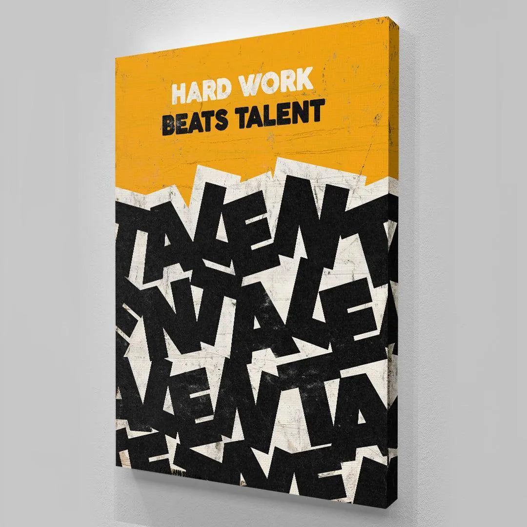 Digital rendering showcasing the yellow and black geometric art style used in the Hard Work Beats Talent print.
