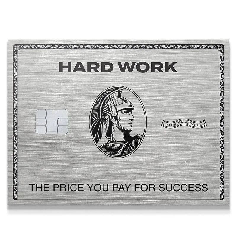 Close-up view of the metallic texture and brushed finish on the Hard Work Card.