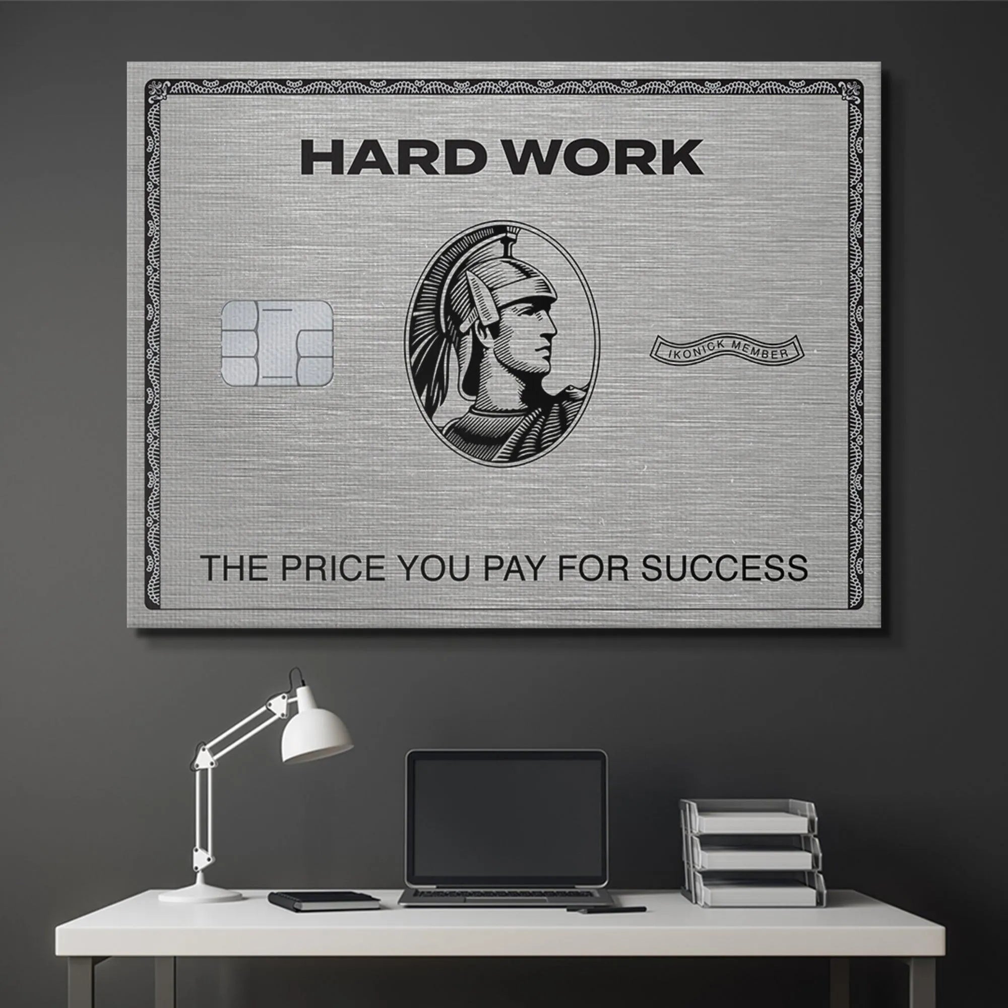 Detail of the Spartan-like figure engraving at the center of the motivational Hard Work Card.