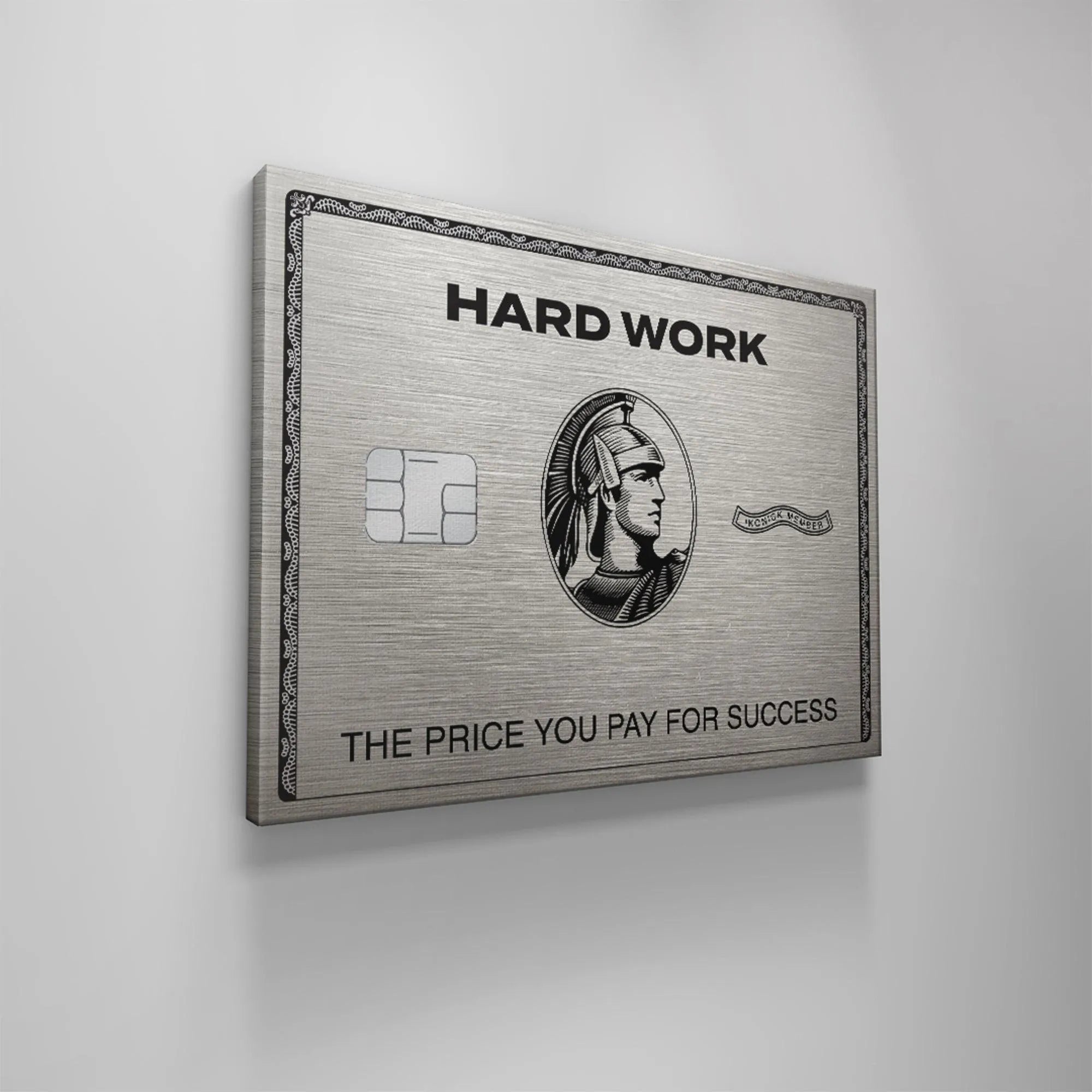 Hard Work Card displayed next to a wallet for scale, showing its realistic credit card size.