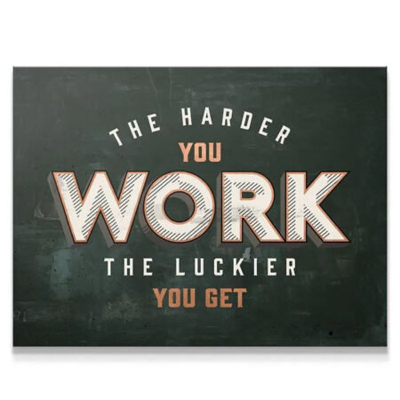 Close-up detail of the distressed chalkboard texture featuring 'Harder You Work' typography.