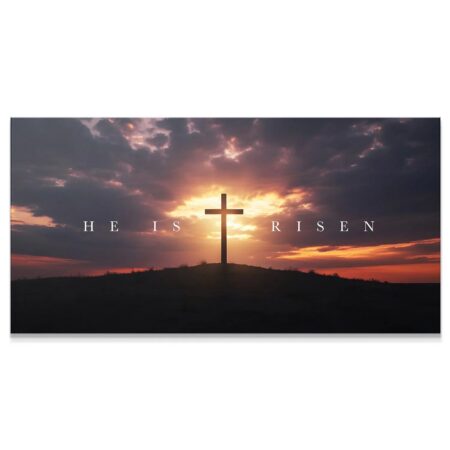 Wide panoramic view of the 'He Is Risen – Cross' canvas showing the full dramatic sunset.