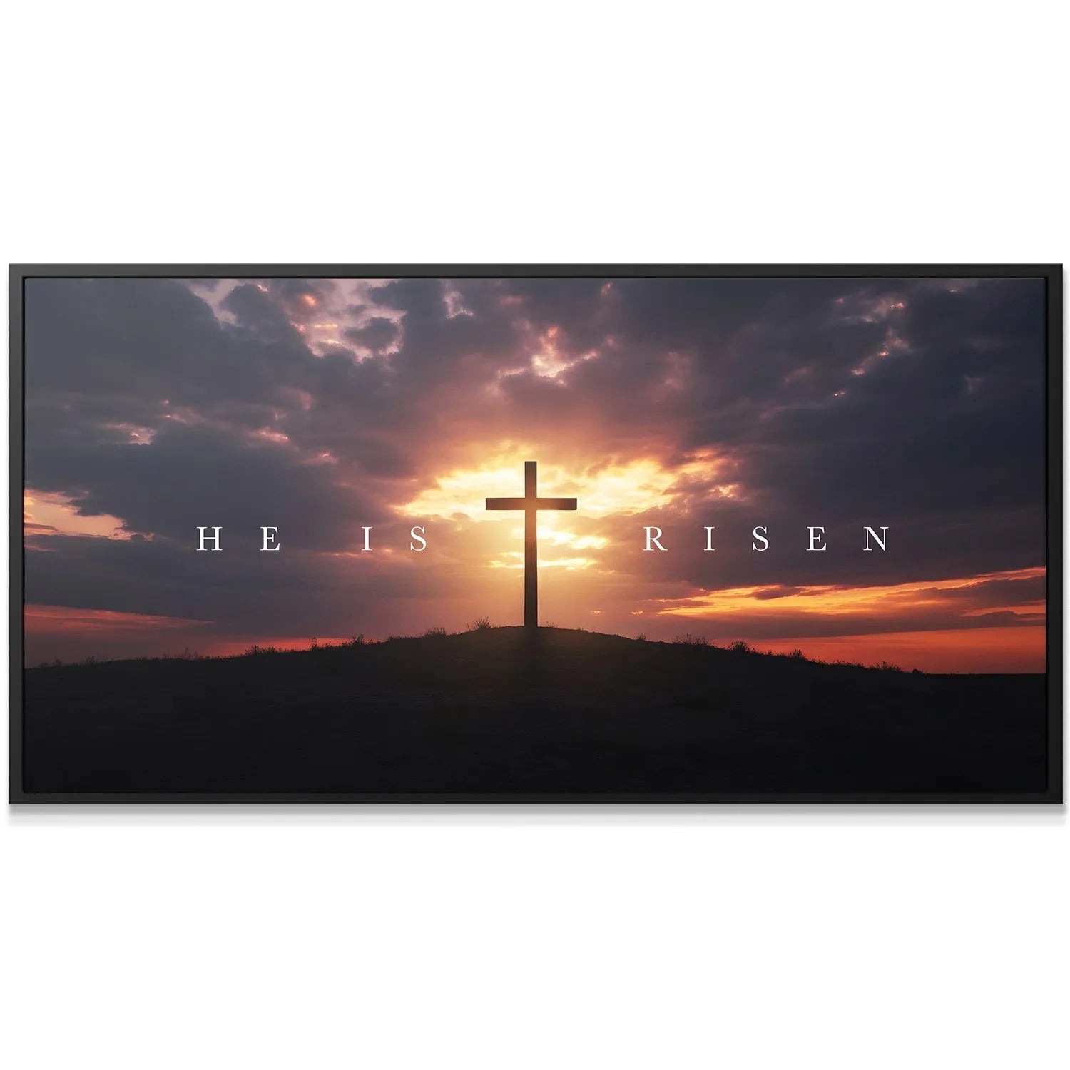 Close-up detail of the cross silhouette against the bright orange and gold light in the 'He Is Risen – Cross' print.