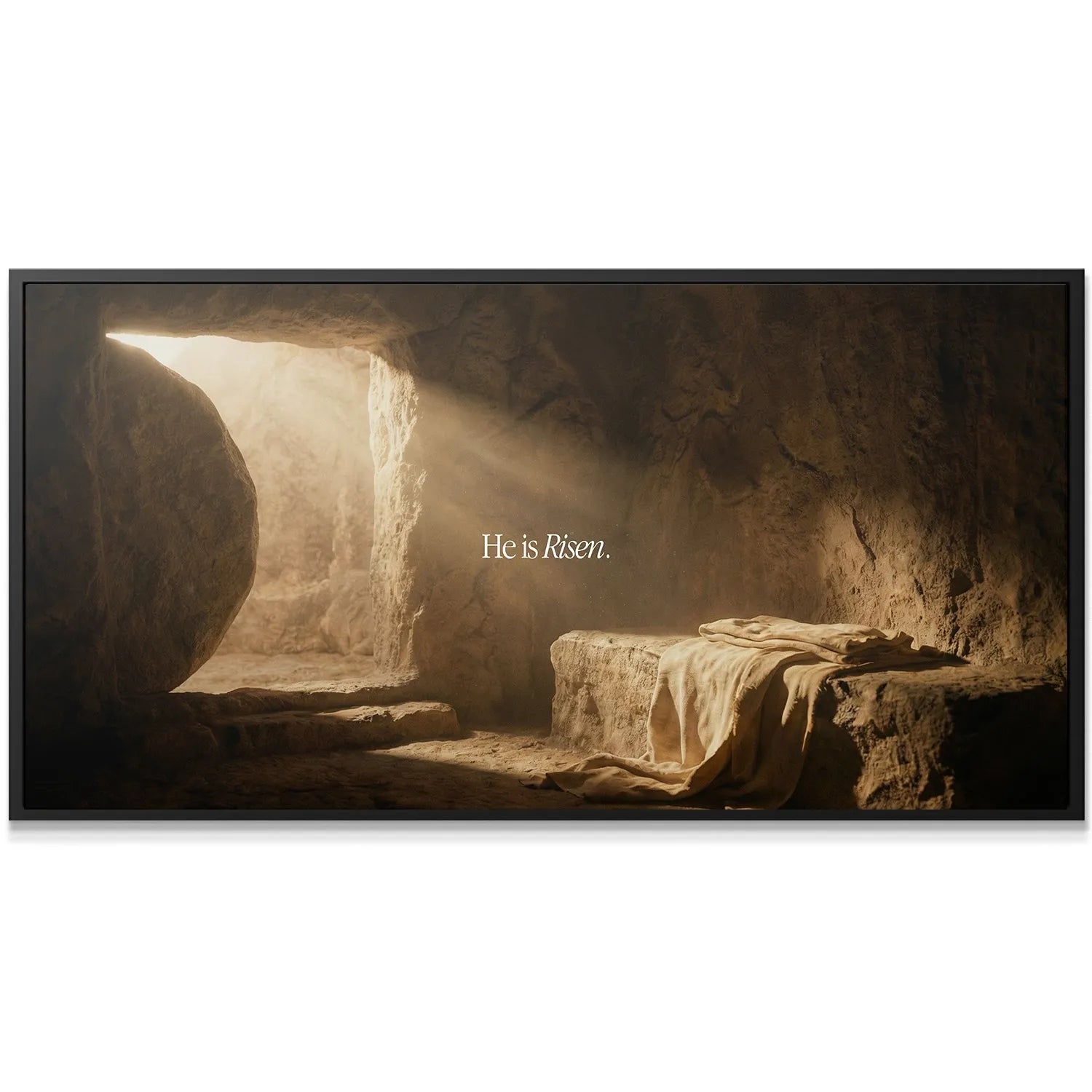Close-up on the burial cloths resting on the stone slab inside the He Is Risen – Empty Tomb.