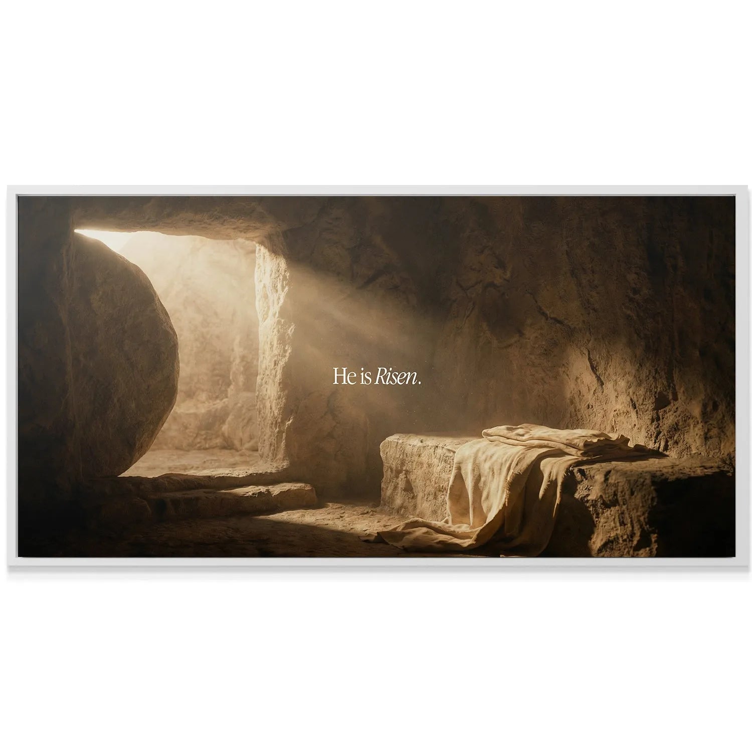 Low-angle view emphasizing the large rolled-away stone at the entrance of the He Is Risen – Empty Tomb.