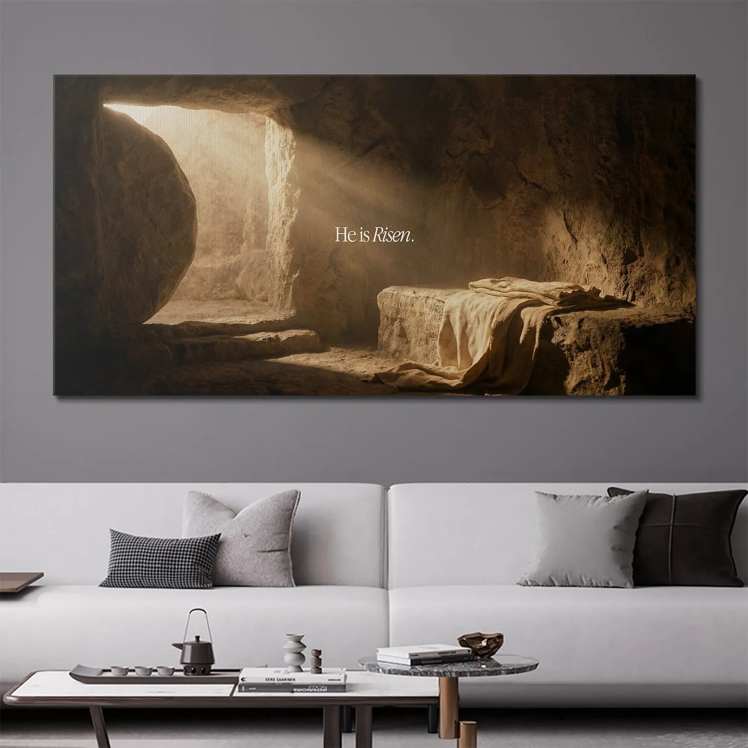 Textural detail of the rough cave walls contrasted by the bright light in the He Is Risen – Empty Tomb.