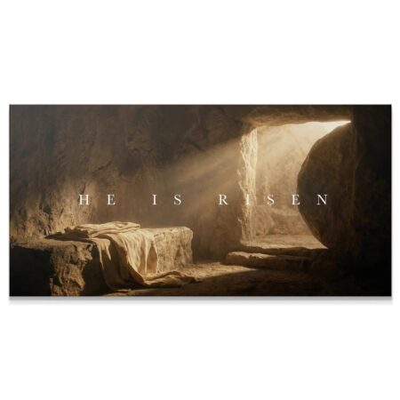 Wide view of the dimly lit cave interior showing the massive stone rolled away and light streaming in, featuring HE IS RISEN – EMPTY TOMB (ALL CAPS).