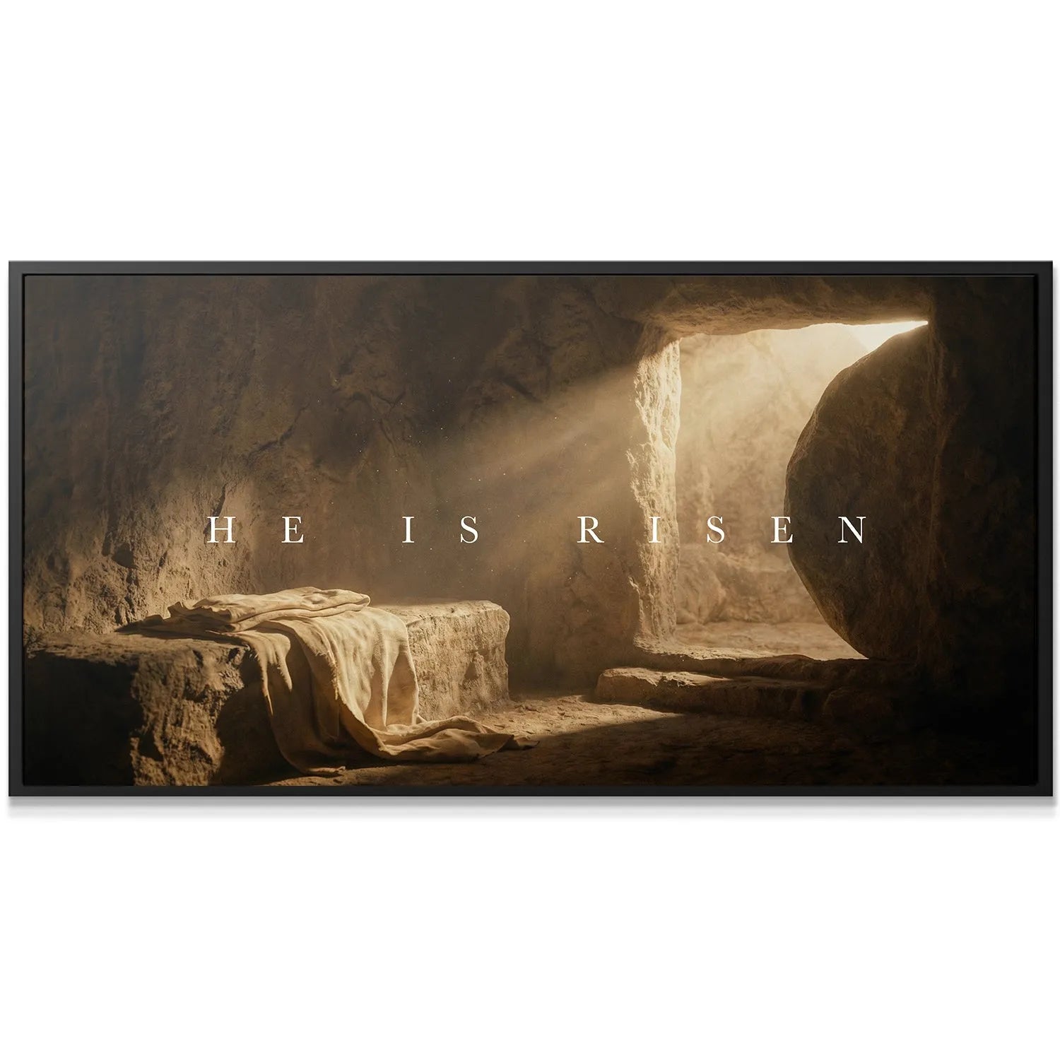 Close-up of the burial slab where the linen cloths lie discarded, emphasizing the texture of HE IS RISEN – EMPTY TOMB (ALL CAPS).