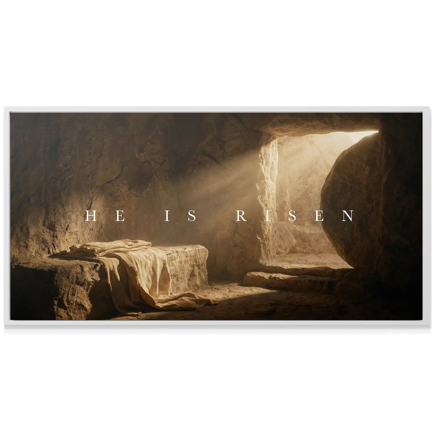 Angled shot showing the rough-hewn steps leading up to the brilliantly lit exit of HE IS RISEN – EMPTY TOMB (ALL CAPS).
