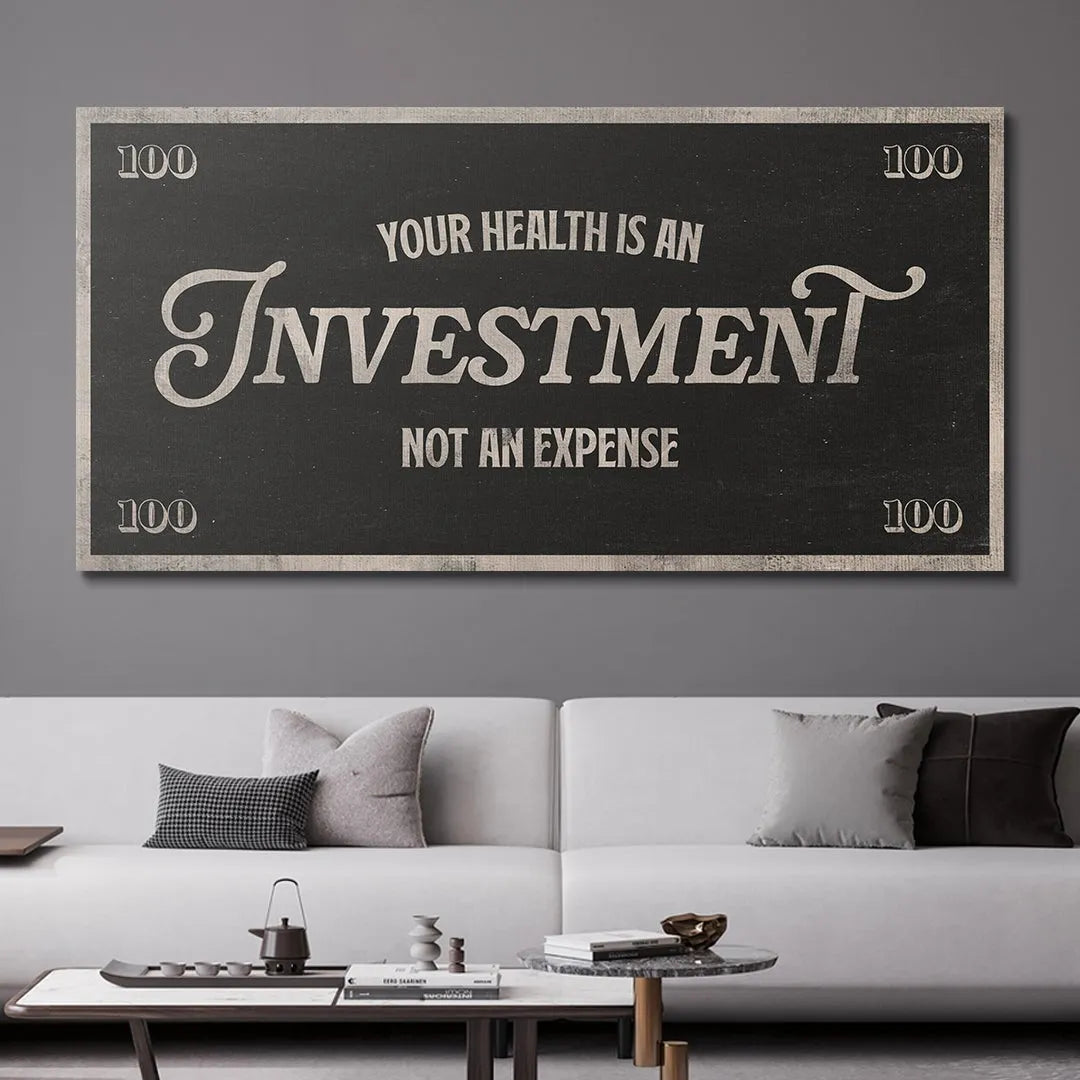 Textured detail of the distressed border and canvas material of the artwork titled Health Is An Investment.
