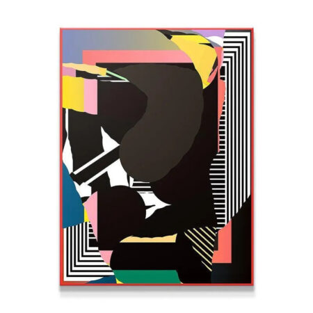 Abstract painting titled Heart featuring bold black shapes and neon accents.