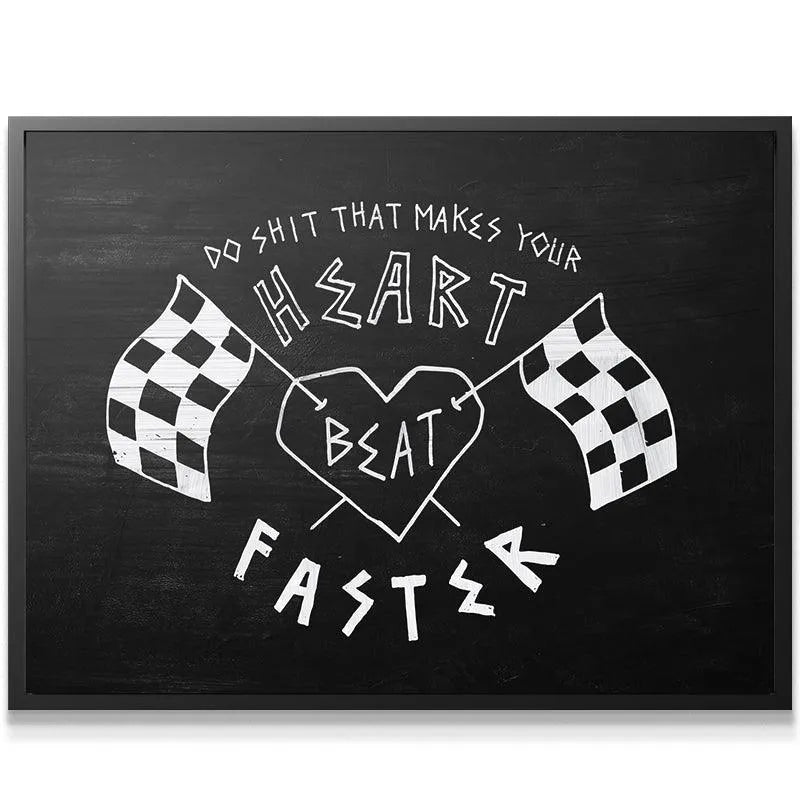 Full view of the racing flags graphic integrated into the adrenaline-pumping 'Heart Beats Faster' wall art.