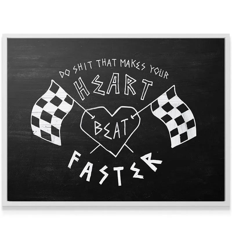 Lifestyle shot of the 'Heart Beats Faster' print hanging prominently in a modern, industrial office setting.