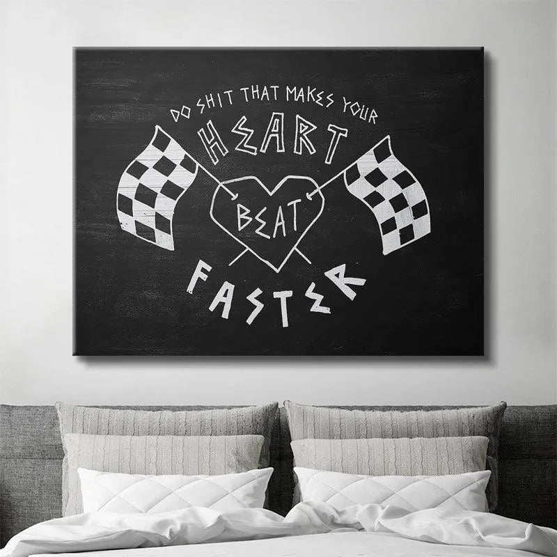 Angled perspective highlighting the high-contrast black background of the 'Heart Beats Faster' canvas print.