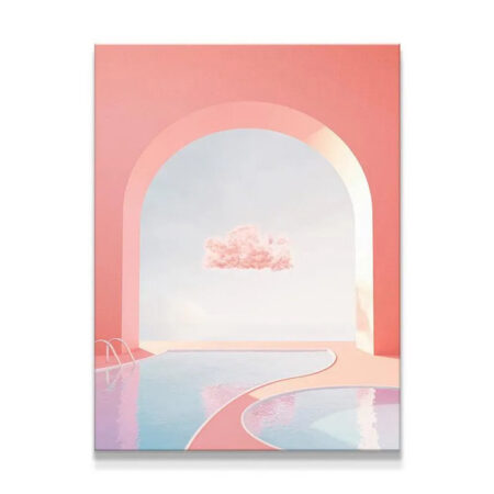 Full view of the Heavenly Pool architectural art print featuring pink arches and blue water.