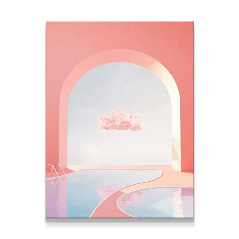 Full view of the Heavenly Pool architectural art print featuring pink arches and blue water.