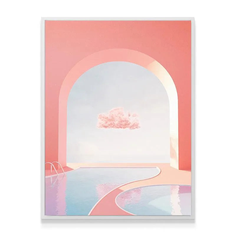Vaporwave aesthetic of the Heavenly Pool canvas hanging in a minimalist living room setting.