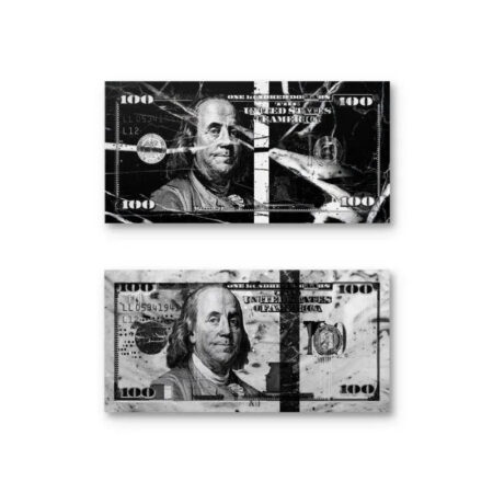 Close-up view of Benjamin Franklin's portrait on the 'heist' canvas art.
