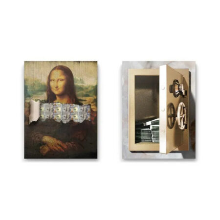 Close-up detail of the money revealed under the Mona Lisa portrait in the Heist Set artwork.