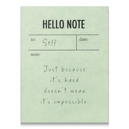 Close-up view of the handwriting on the Hello Note (Green) motivational notepad.