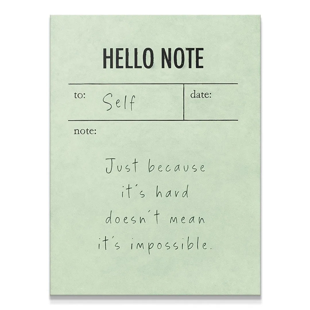 Close-up view of the handwriting on the Hello Note (Green) motivational notepad.