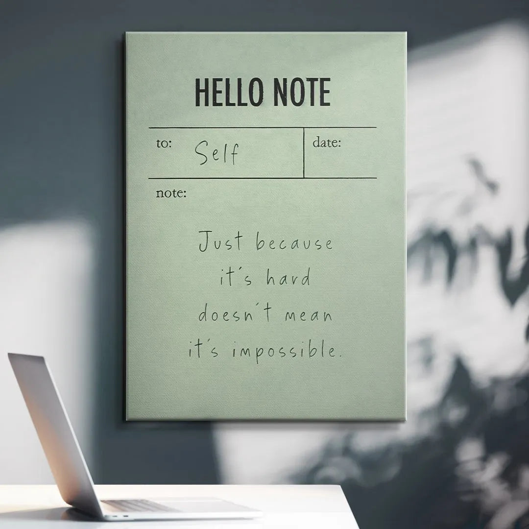 Macro detail focusing on the "to: Self" and "date:" fields on the Hello Note (Green).