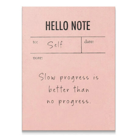 Front view close-up showing the handwritten "to: Self" detail on the Hello Note (Pink).