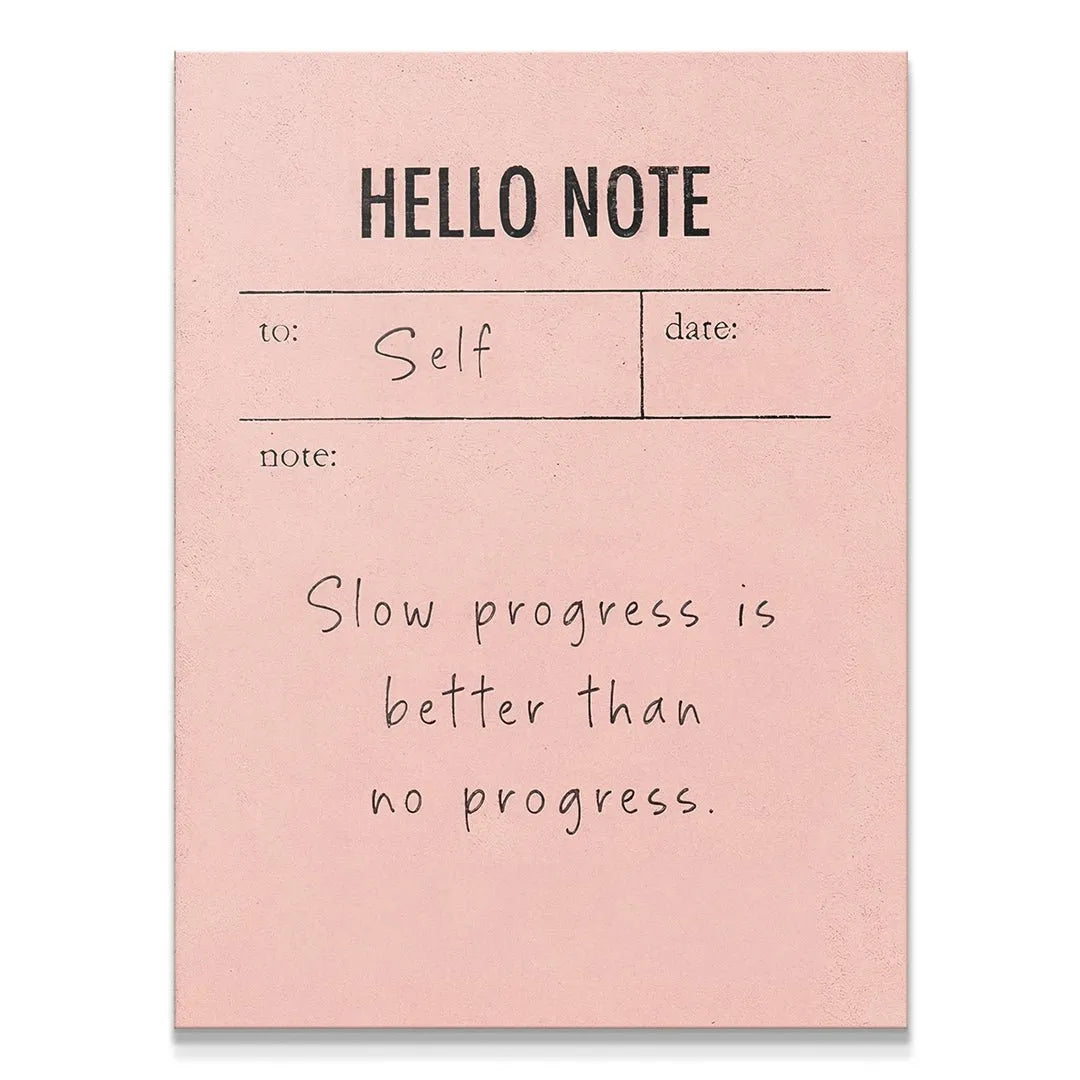 Front view close-up showing the handwritten "to: Self" detail on the Hello Note (Pink).