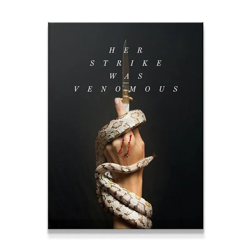 The original artwork "Her Strike" showing the full vertical composition of the serpent, hand, and knife.