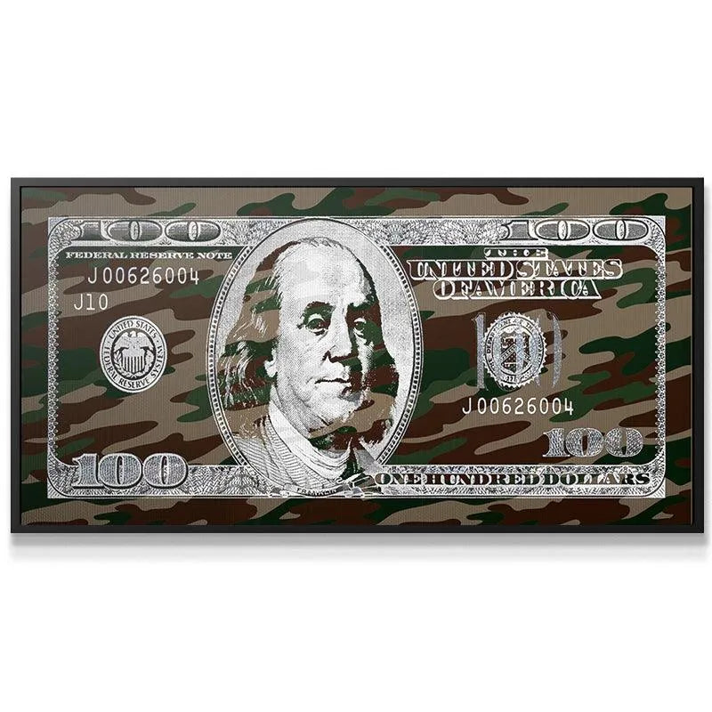 Full horizontal view of the tactical brown and green 'Hidden Money' $100 bill artwork.