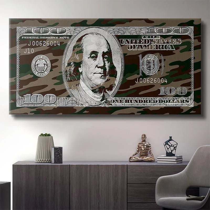 Corner perspective of the camouflage texture merging with the border of the 'Hidden Money' canvas.