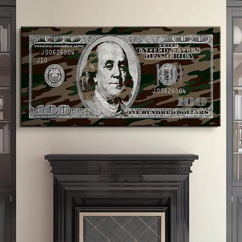 Lifestyle image showing the large scale of the 'Hidden Money' wall art in a modern room setting.