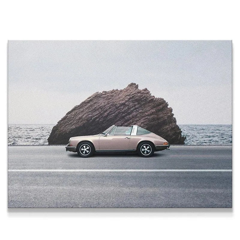 Side view of a vintage pink Targa on a coastal road, illustrating the moment of "Hide and Go Seek."