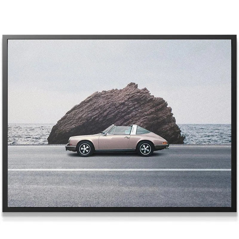 Full landscape shot showing the scale of the massive ocean rock and the car in "Hide and Go Seek."
