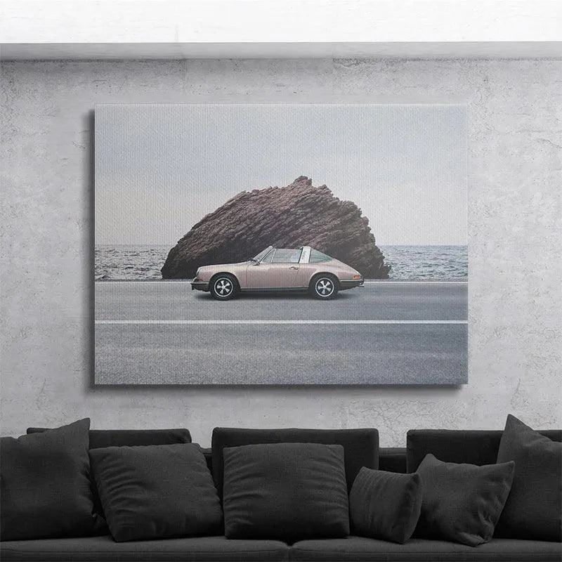 Close-up of the pale pink vintage sports car, highlighting its body lines in "Hide and Go Seek."