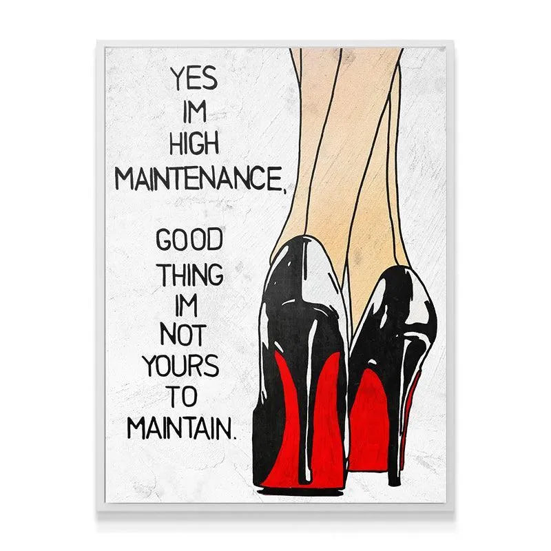 Lifestyle mockup showing the 'High Maintenance' quote print hanging above a glamorous vanity or dressing table.