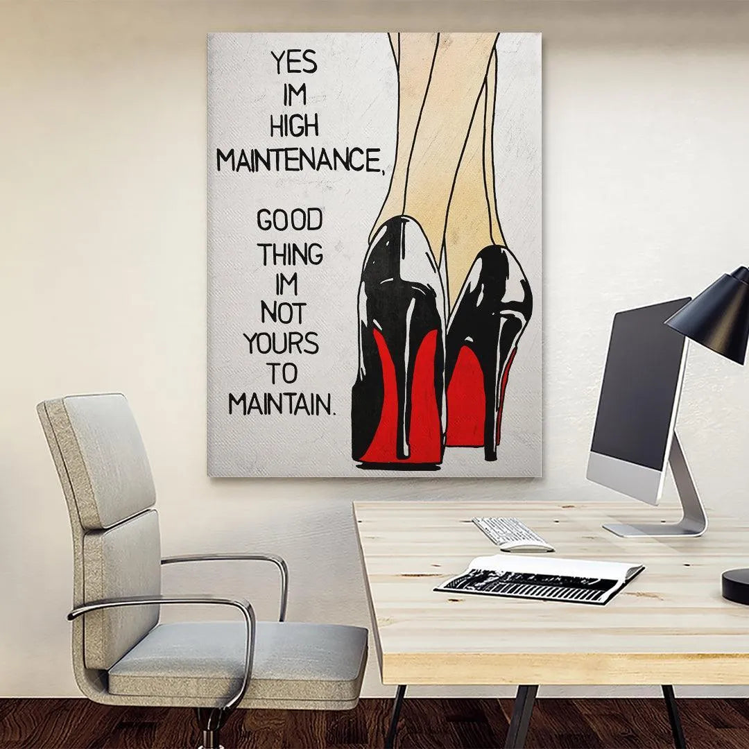 Side angle perspective of the framed 'High Maintenance' wall art demonstrating its profile and depth.