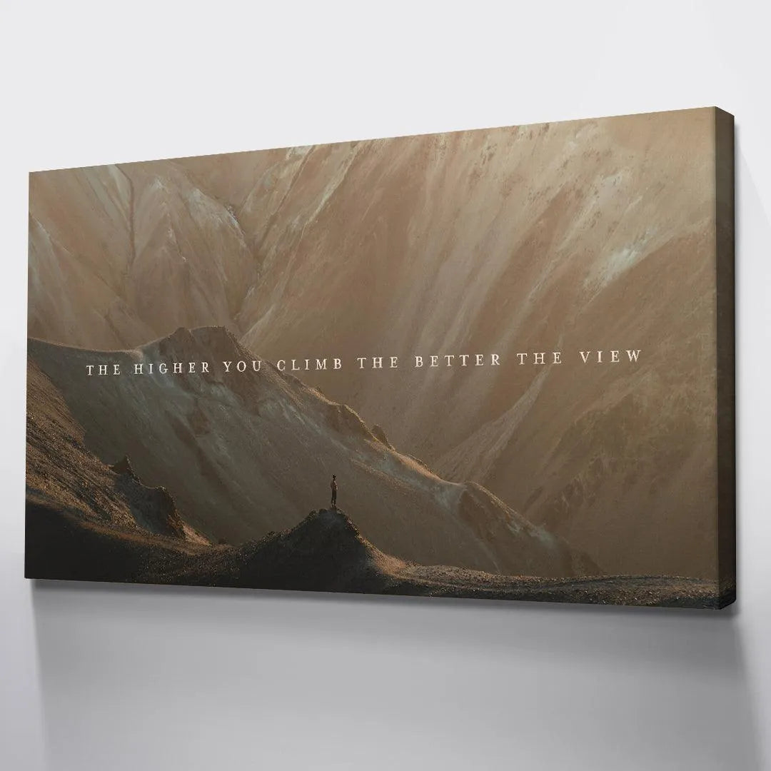 Overhead perspective showing the matte finish and protective coating on the 'Higher You Climb' artwork.