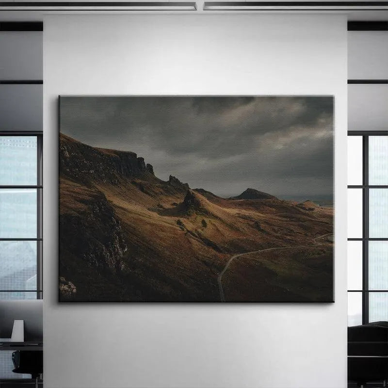 Moody, overcast sky dominating the upper third of the 'Highland Roar' scenic print, emphasizing atmosphere.