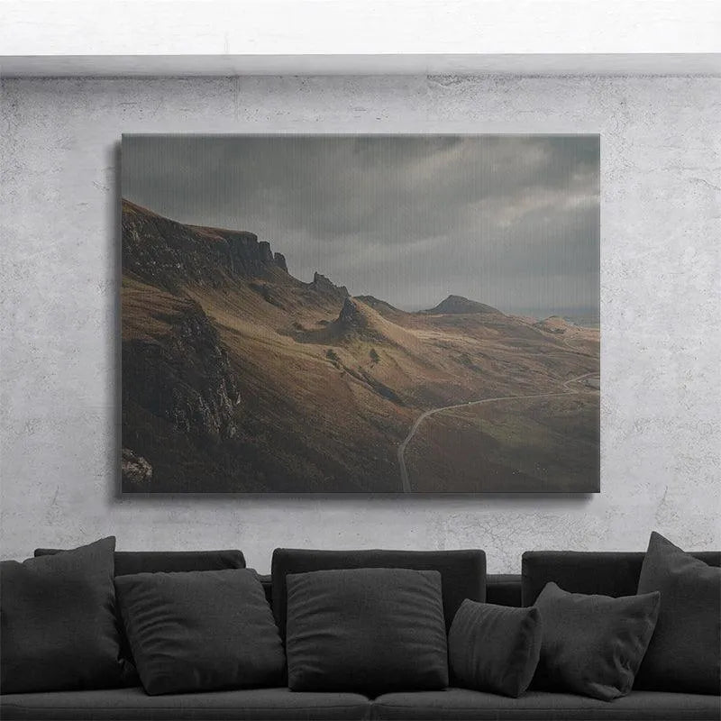 Earthy tones and rust-colored heather covering the slopes in the 'Highland Roar' composition.