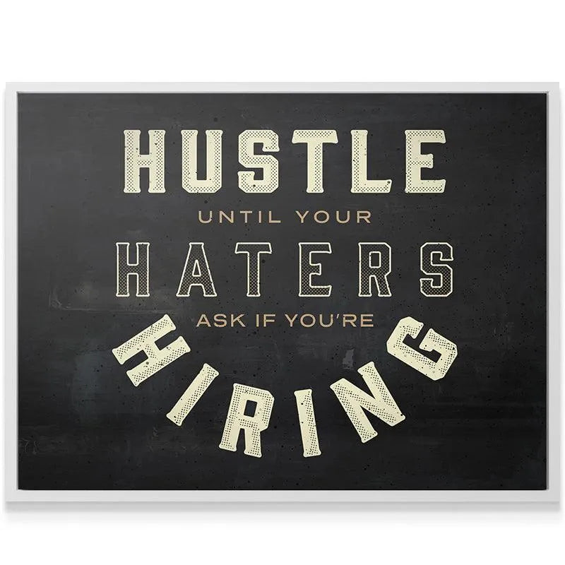 Angled view of the bold, decorative typography used for the successful statement about Hiring.