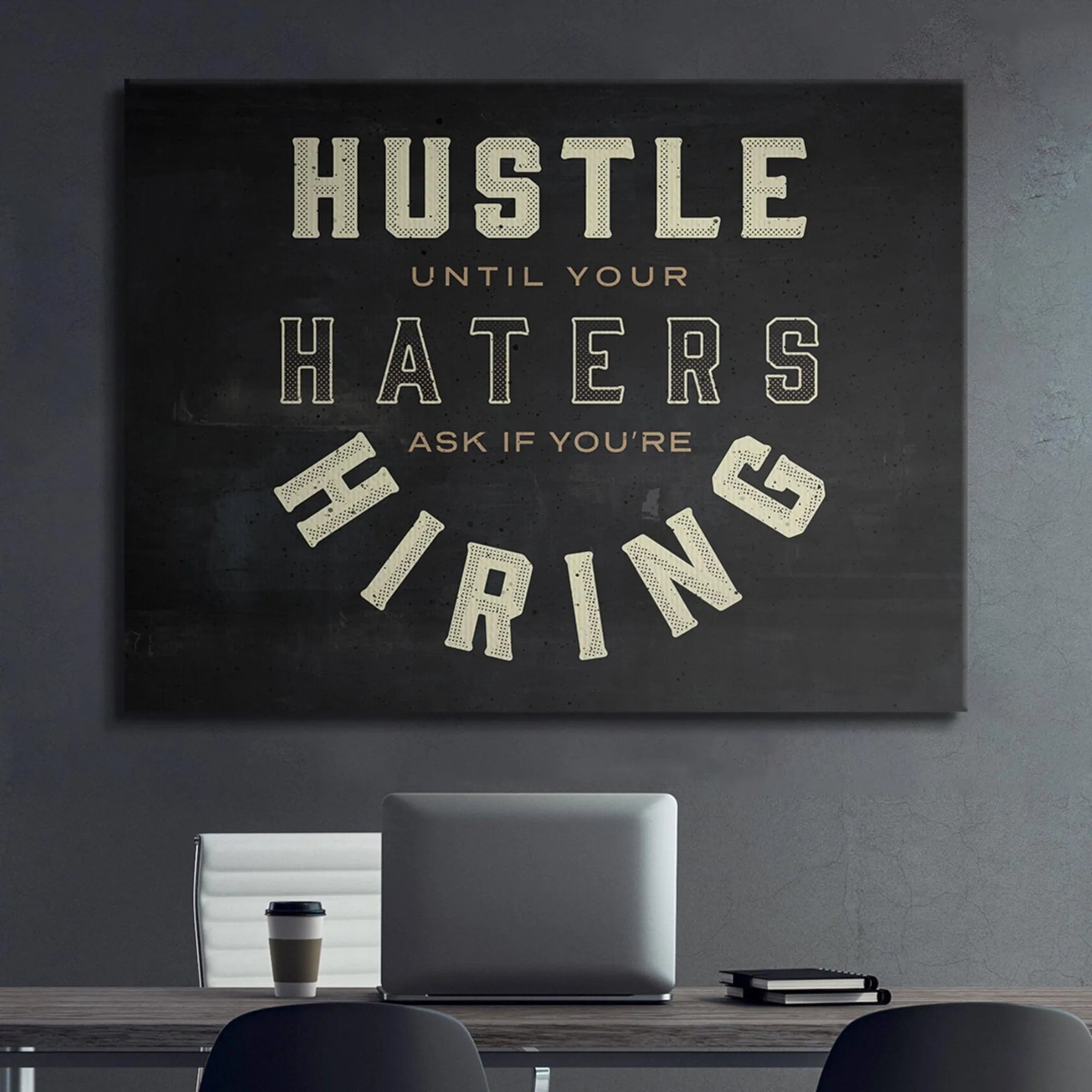 Macro shot showing the unique, dotted outline design within the capital letters of HIRING.