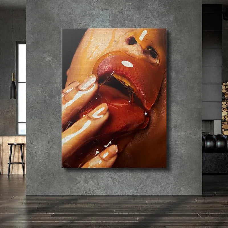 High-contrast studio photograph showing skin texture highlighted by sticky Honey.