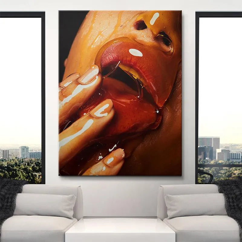 Abstract view of the mouth area pulling a thread of sweet, caramelized Honey.
