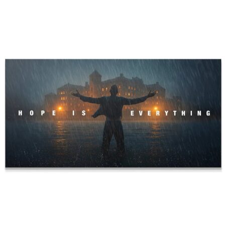 Full wide shot of the figure in heavy rain, showcasing the text 'Hope Is Everything' clearly visible.