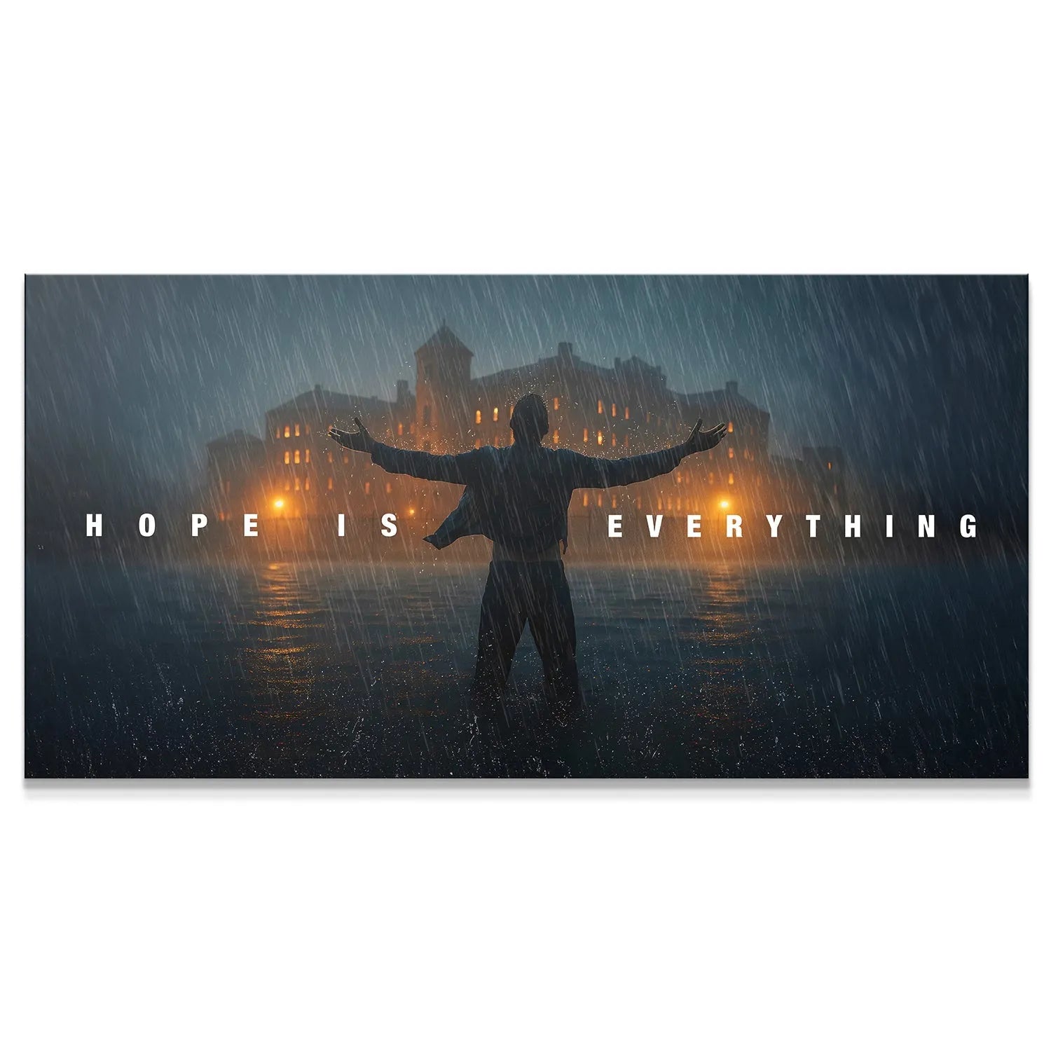 Full wide shot of the figure in heavy rain, showcasing the text 'Hope Is Everything' clearly visible.