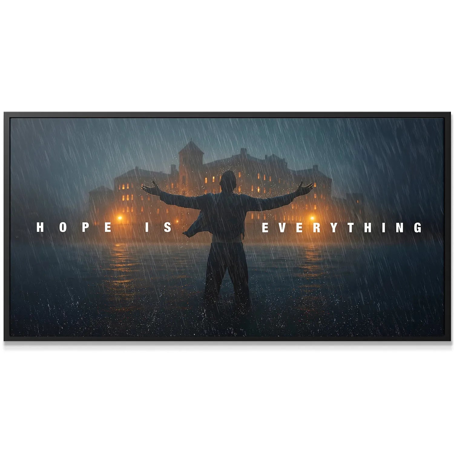 Close-up texture of the heavy rain and dramatic water splash reflecting the message 'Hope Is Everything'.