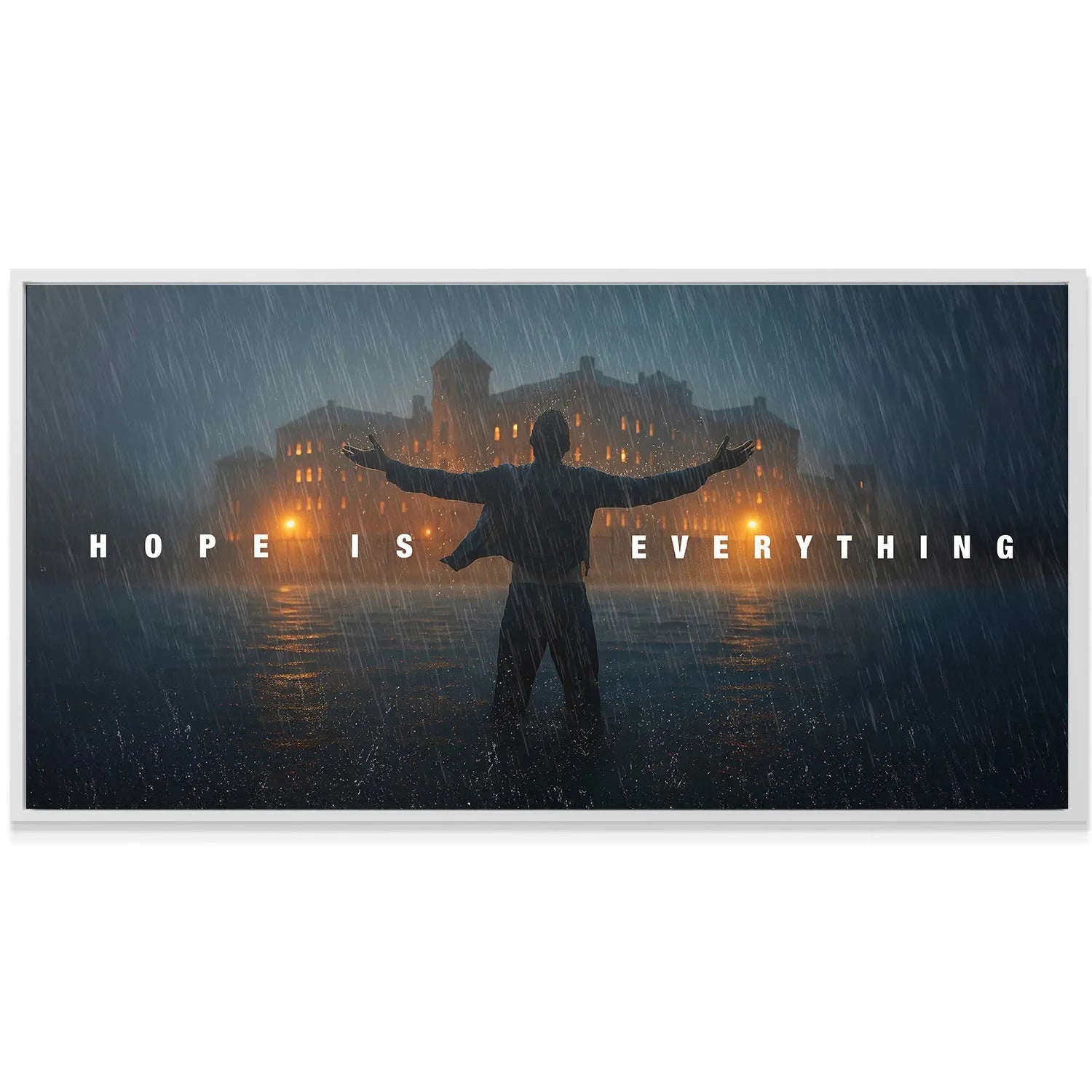 Low-angle view of the silhouette standing in deep water under the bold text 'Hope Is Everything'.