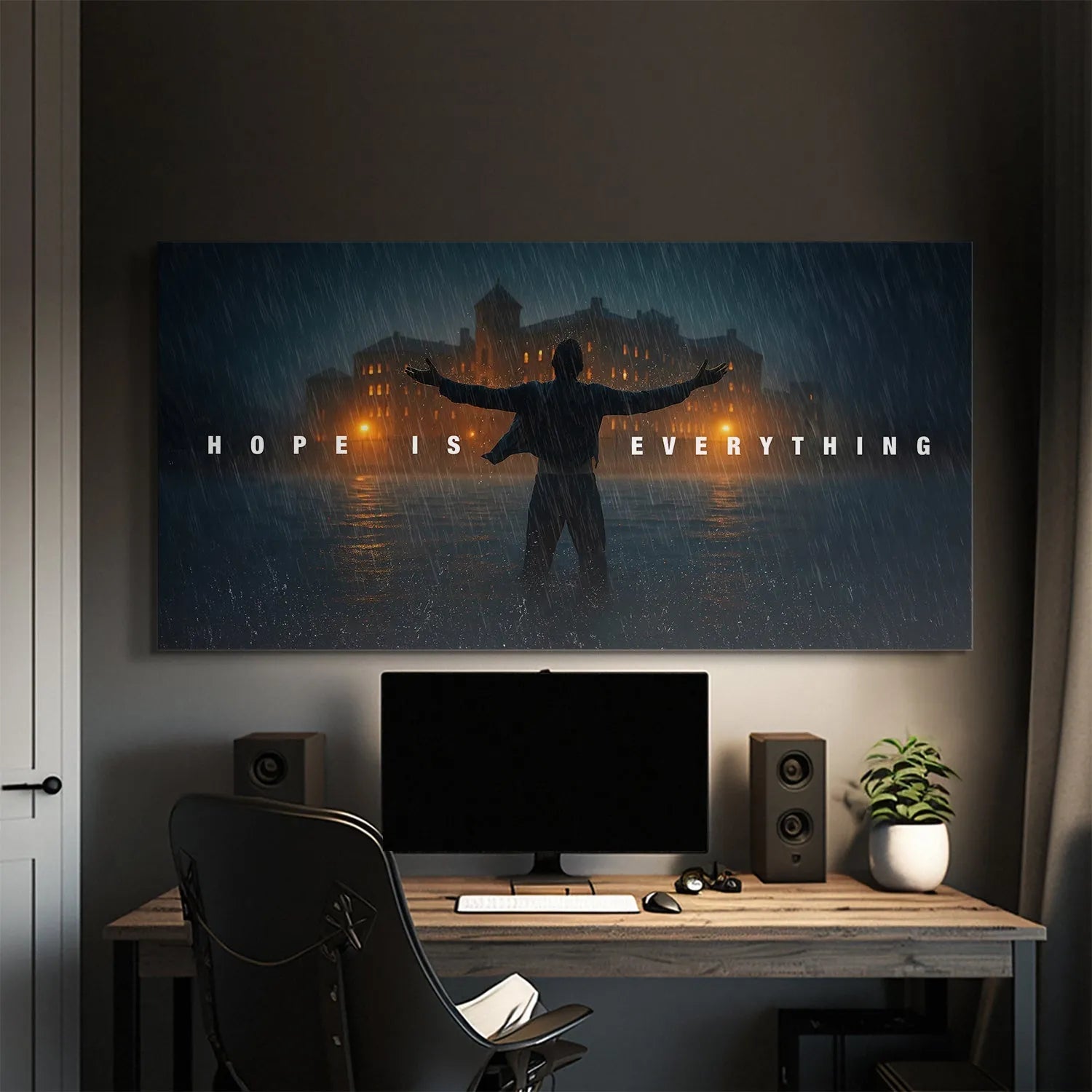 Lifestyle mock-up featuring the 'Hope Is Everything' canvas hanging prominently in a modern, inspirational office space.